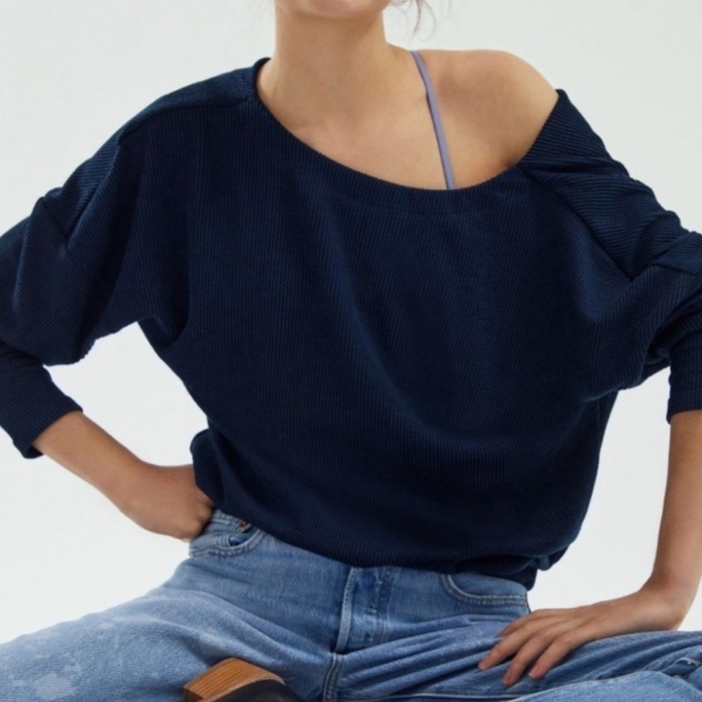 Anthropologie Maeve Kasi Ribbed Off-The-Shoulder Navy Top